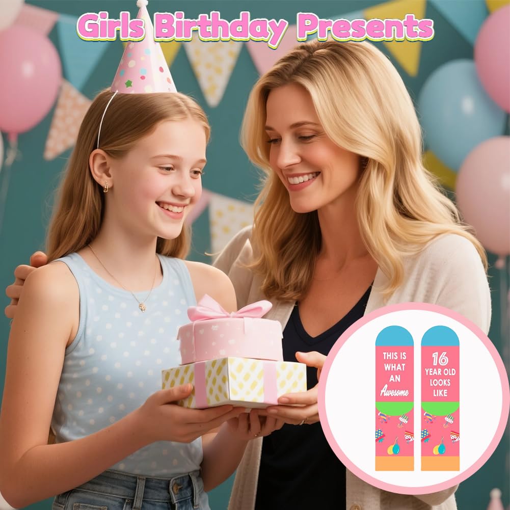 SwirlColor Regalos de cumpleaños de 16 años para las niñas, calcetines cómodos de cumpleaños de las rosados calcetines antideslizantes niña para las hijas de la niña de 16 años