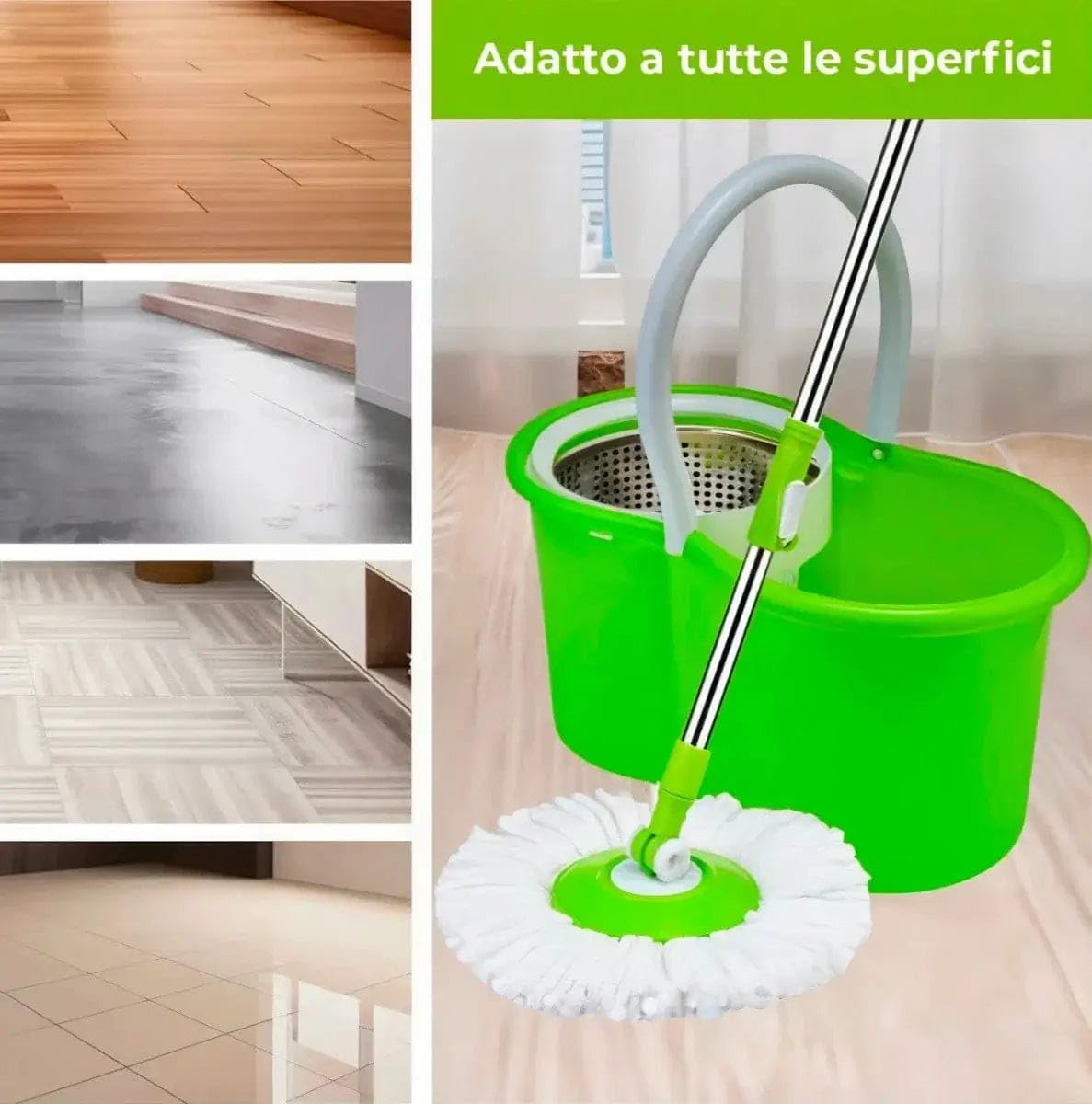 Puliflash – Secchio Lavapavimenti Professionale con Strizzatore in Acciaio Inox, Mocio Rotante 360°, Manico Telescopico, Sistema Autostrizzante, 2 Panni in Microfibra Inclusi (VERDE)