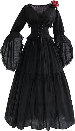 Miniatura 21 de NSPSTT Vestido victoriano, disfraz renacentista para mujer, vestido de bruja gótico, vestido de boda medieval