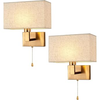 2 Pieces Wall Light Indoor Gold with Switch Wall Lamp Bedroom Vintage Wall Lamps with Pull Switch E27 Bedside Lamp Wall with Fabric Shade for Hallway Bed Living Room
