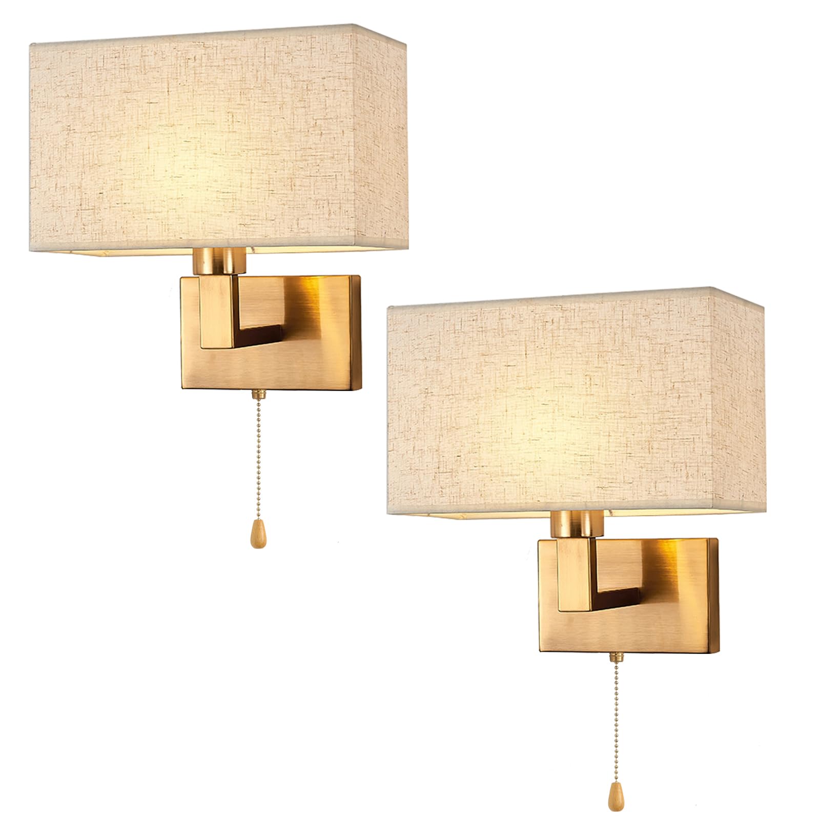 2 Stücke Wandleuchte Innen Gold mit Schalter | Wandlampe Schlafzimmer Vintage Wandlampen mit Zugschalter, E27 Nachttischlampe Wand mit Stoffschirm für Flur Bett Wohnzimmer