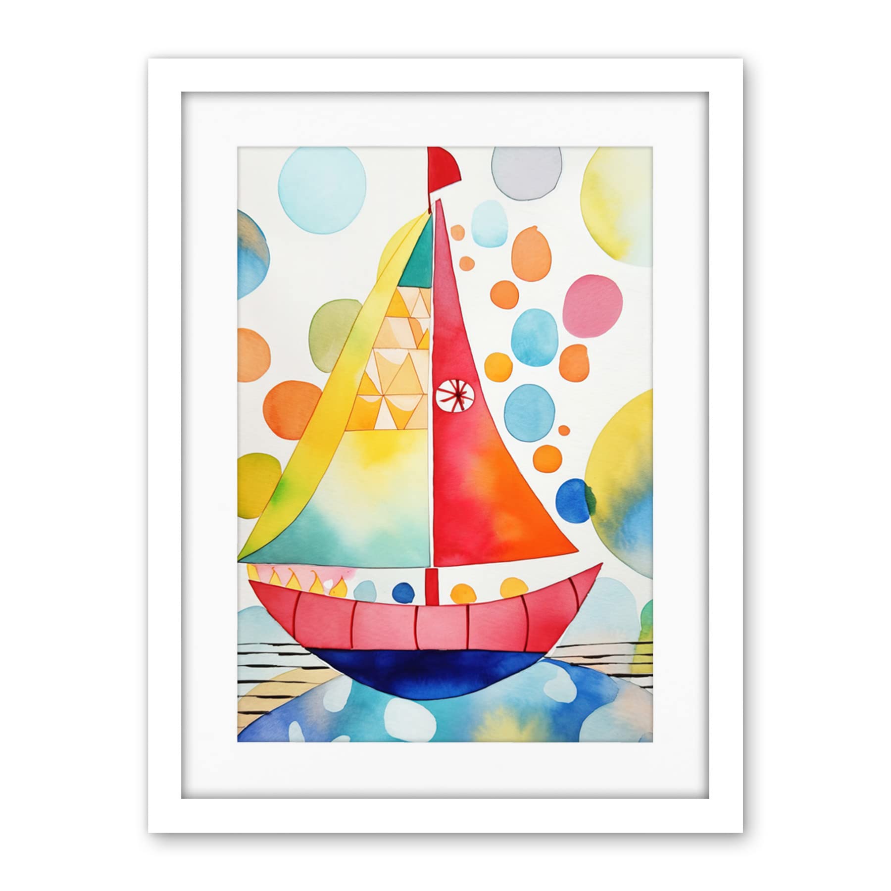 Artery8 Sailboat At Sunset Folk Art Artwork Framed Wall Art Print 18X24 Inch