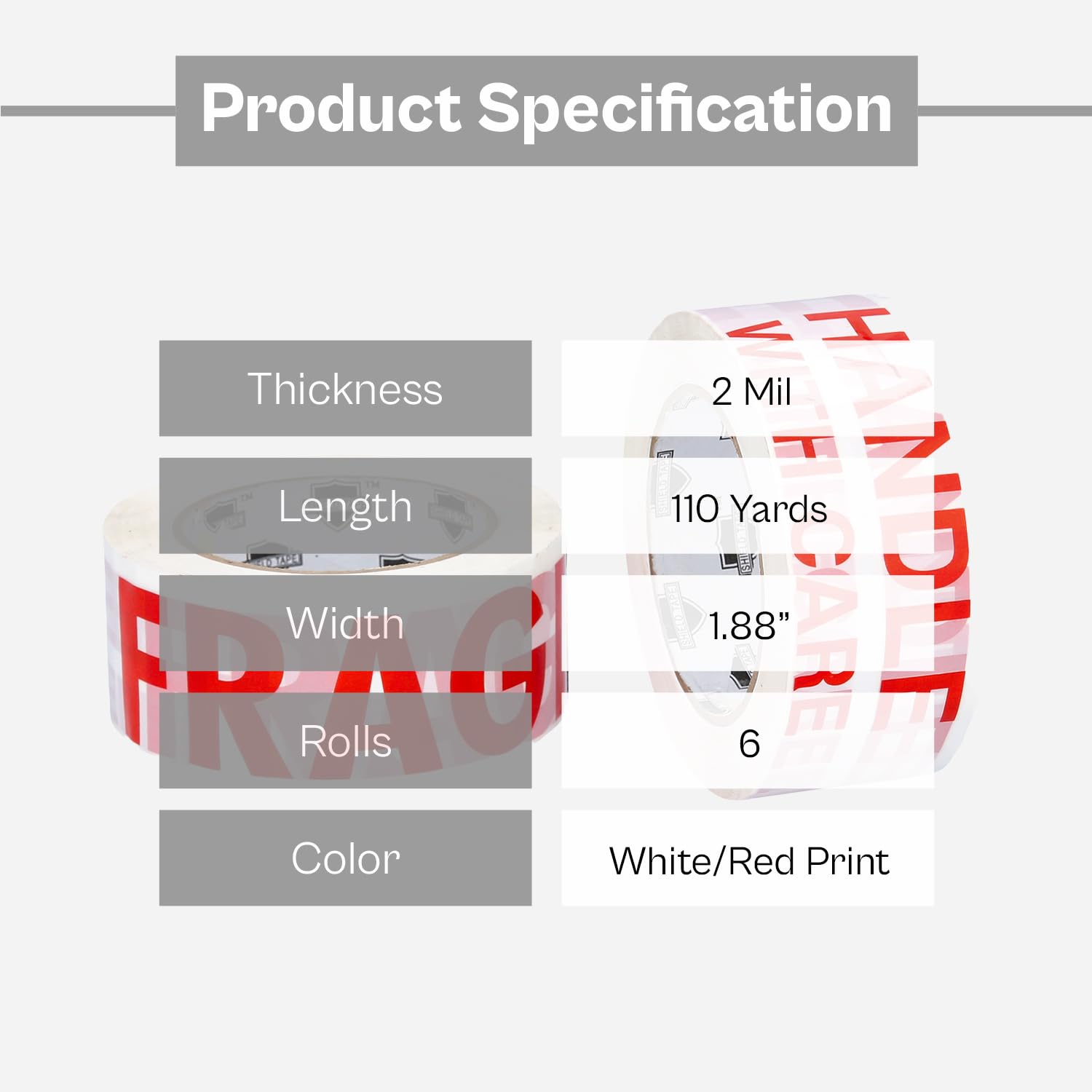 PSBM Fragile Printed Tape - Handle With Care, 6 Rolls, 2 Mil Thick, 1.88 Inch Wide, 110 Yards Per Roll, Total 660 Yards White & Red for Packing, Shipping & Moving Delicate Products