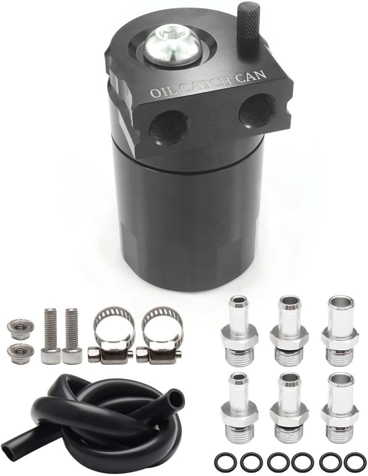 Polish Baffled Universal Aluminum Oil Catch Can Reservoir Tank Cans Breather Filter With Hose Kit (Black)