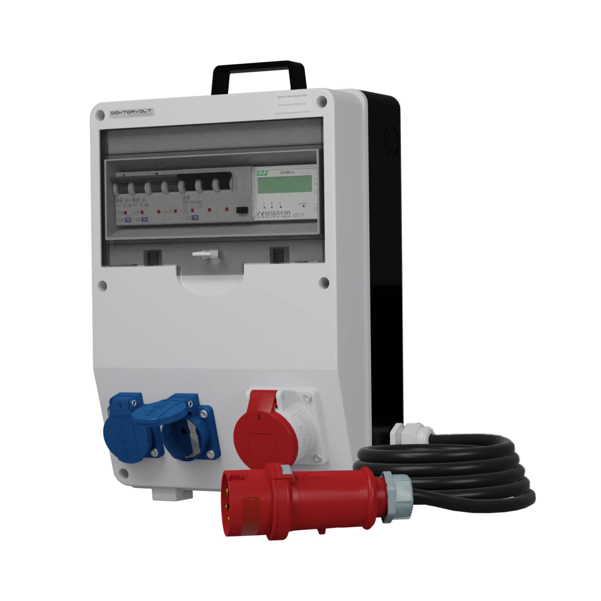 Doktorvolt Stromverteiler TD-S/FI mit Mennekes Steckdosen-Kombination 2x 230V Schuko 1x 16A CEE, mit MID Stromzähler, LS-Schalter FI-Schalter, Kabel mit Stecker, Baustromverteiler verdrahtet IP44