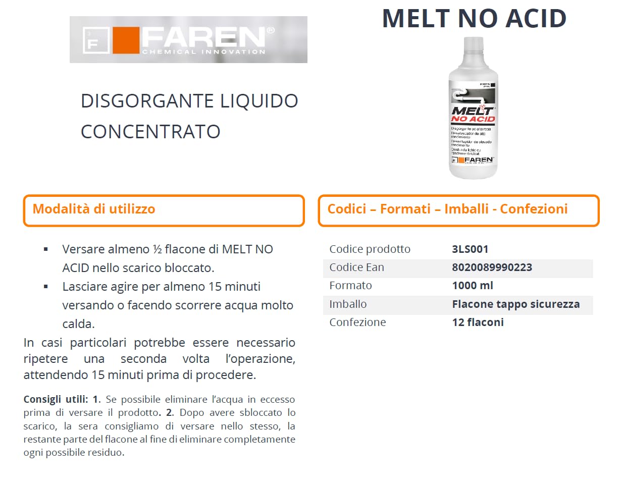 Faren Melt - Desatascador líquido concentrado, fórmula concentrada, no a base de ácido, fácil y rápido, seguro, 1 litro (12 unidades)