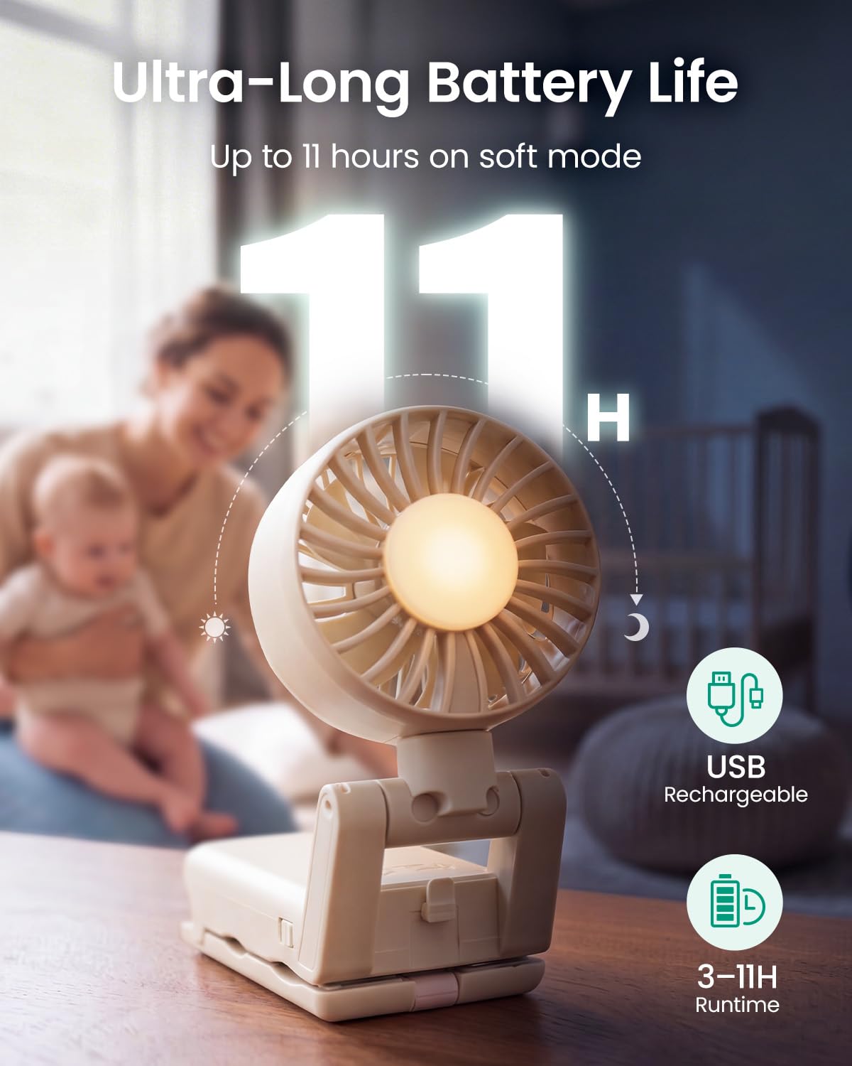 GROWNSY Ventilateur portable pour poussette Beige