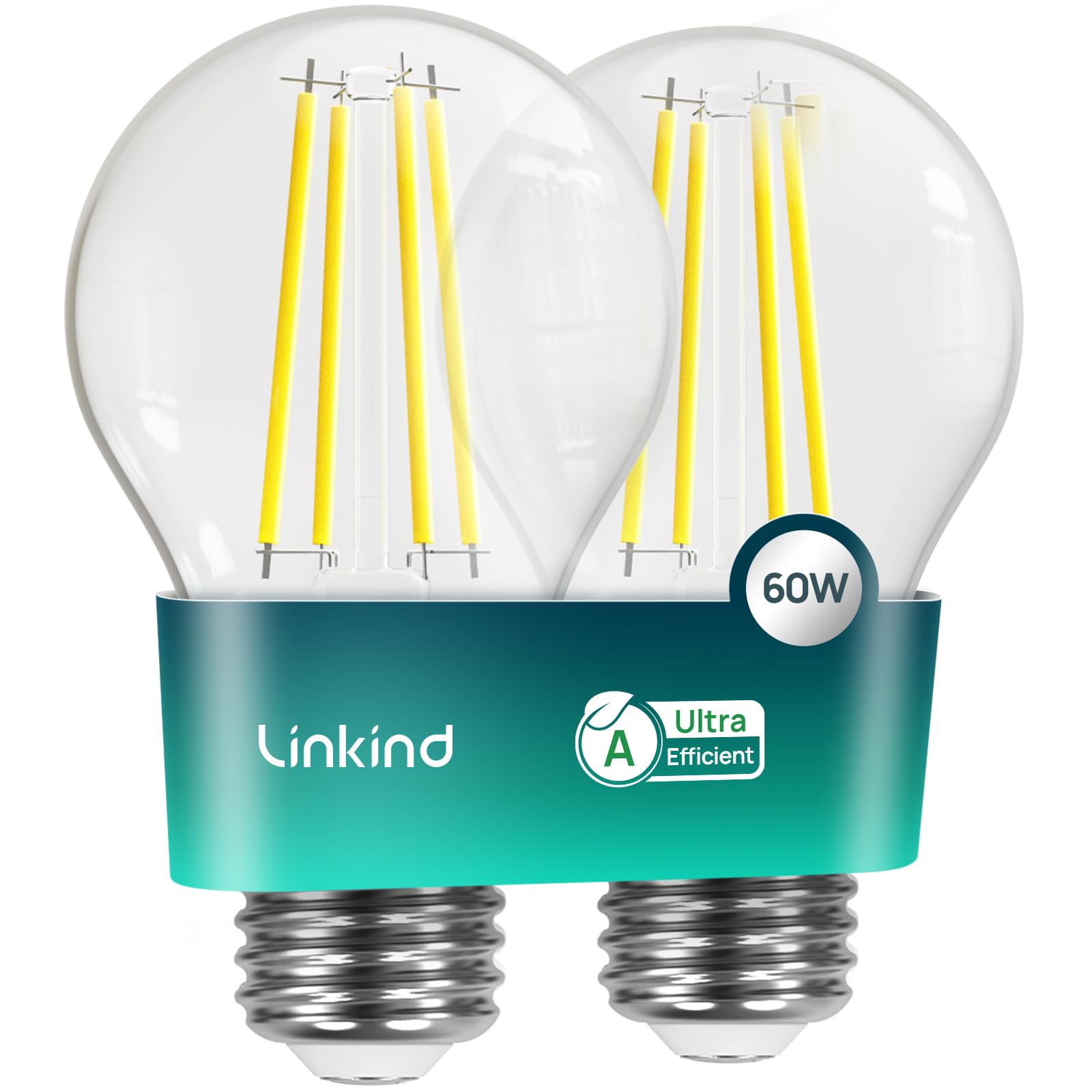 Linkind E27 LED Bulb, Energy Class A 3.8W=60W Equivalent, 2700K Warm White 806lm, Edison Screw in Light Bulb, Clear Glass Vintage Filament LED Bulb, 50000H Lifespan, 2-Pack