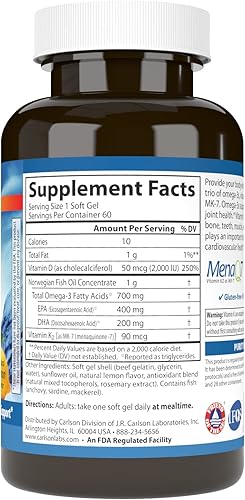 Miniatura 2 de Carlson - Elite Omega-3 Plus D & K, 700 mg Omega-3s + D3 y K2, función, salud ósea y apoyo inmunológico, limón, 60 cápsulas blandas