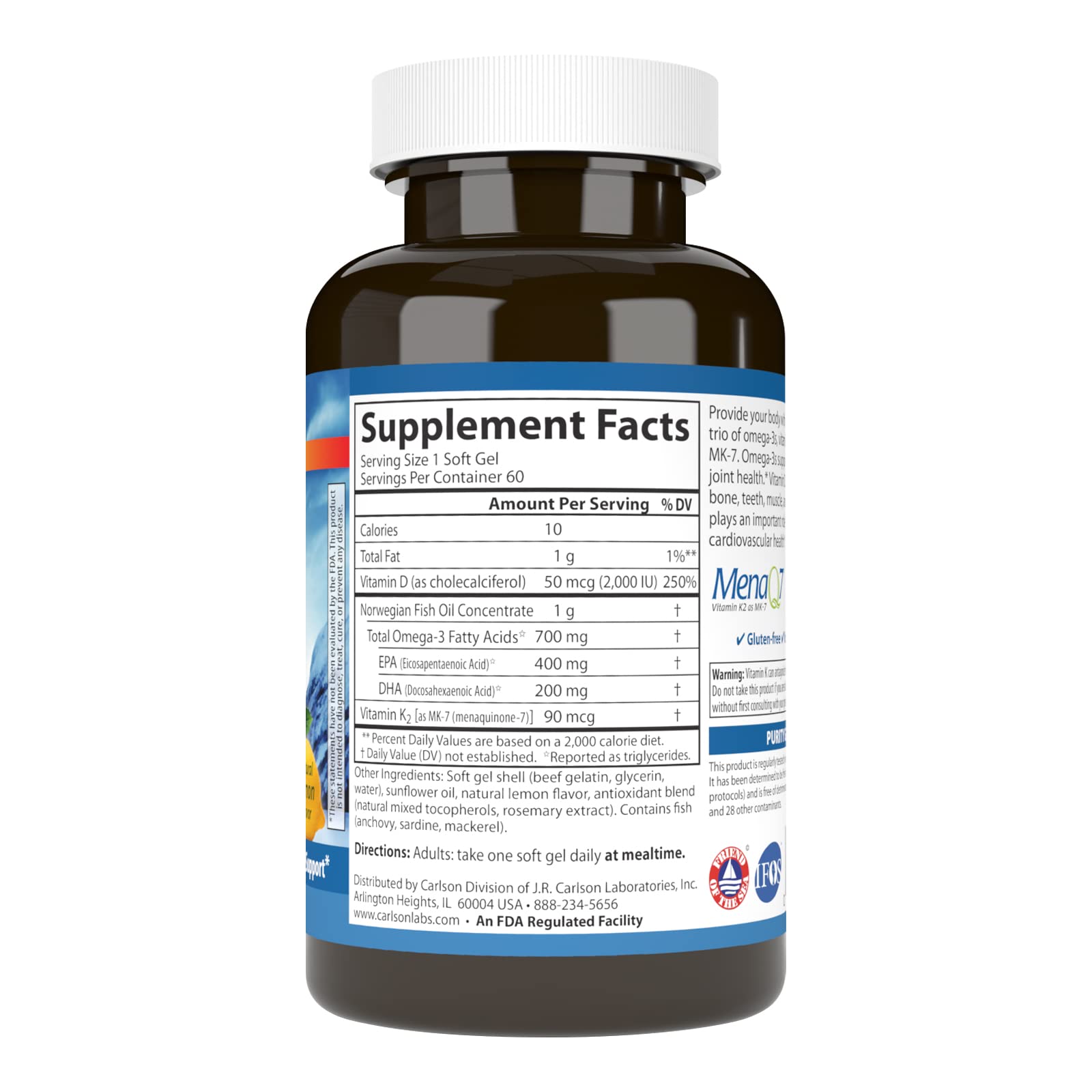 Carlson Elite Omega-3 Plus D & K, 700 mg, Omega-3s, Lemon, 60 Softgels — Amazon image 2