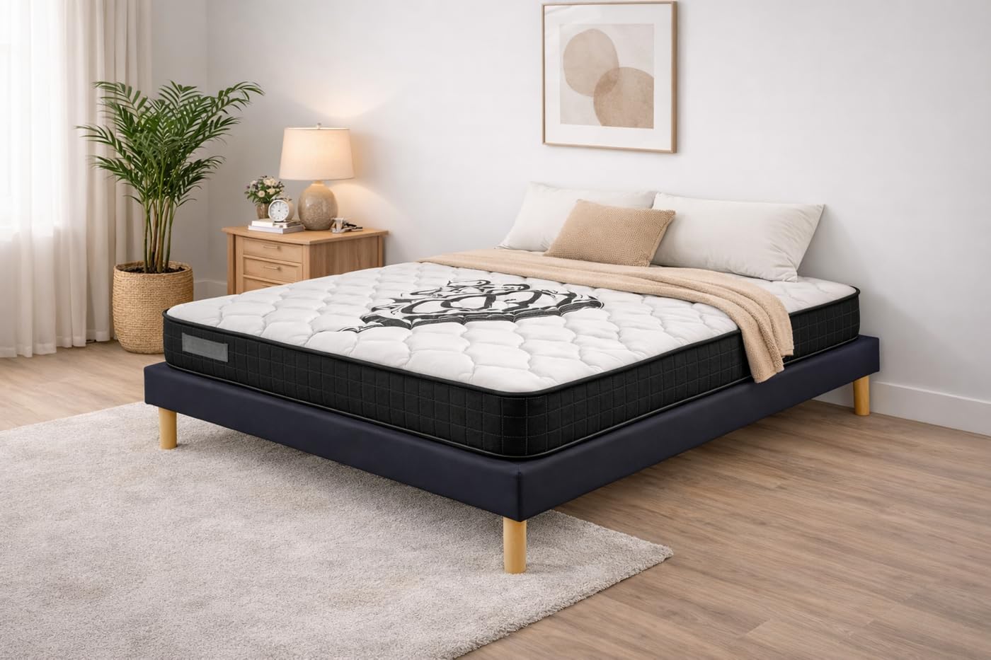 Ensemble Sommier Tapissier et Matelas 120x190 cm - Couleur : Noir - Sommier Déhoussable avec Pieds 20 cm et Lattes Multiplis - Matelas Soutien Ferme Mousse Haute Densité -