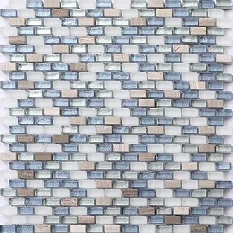 White, Blue and Silver Glass & Natural Stone Brick Shape Mosaic Tiles Sheet Cover