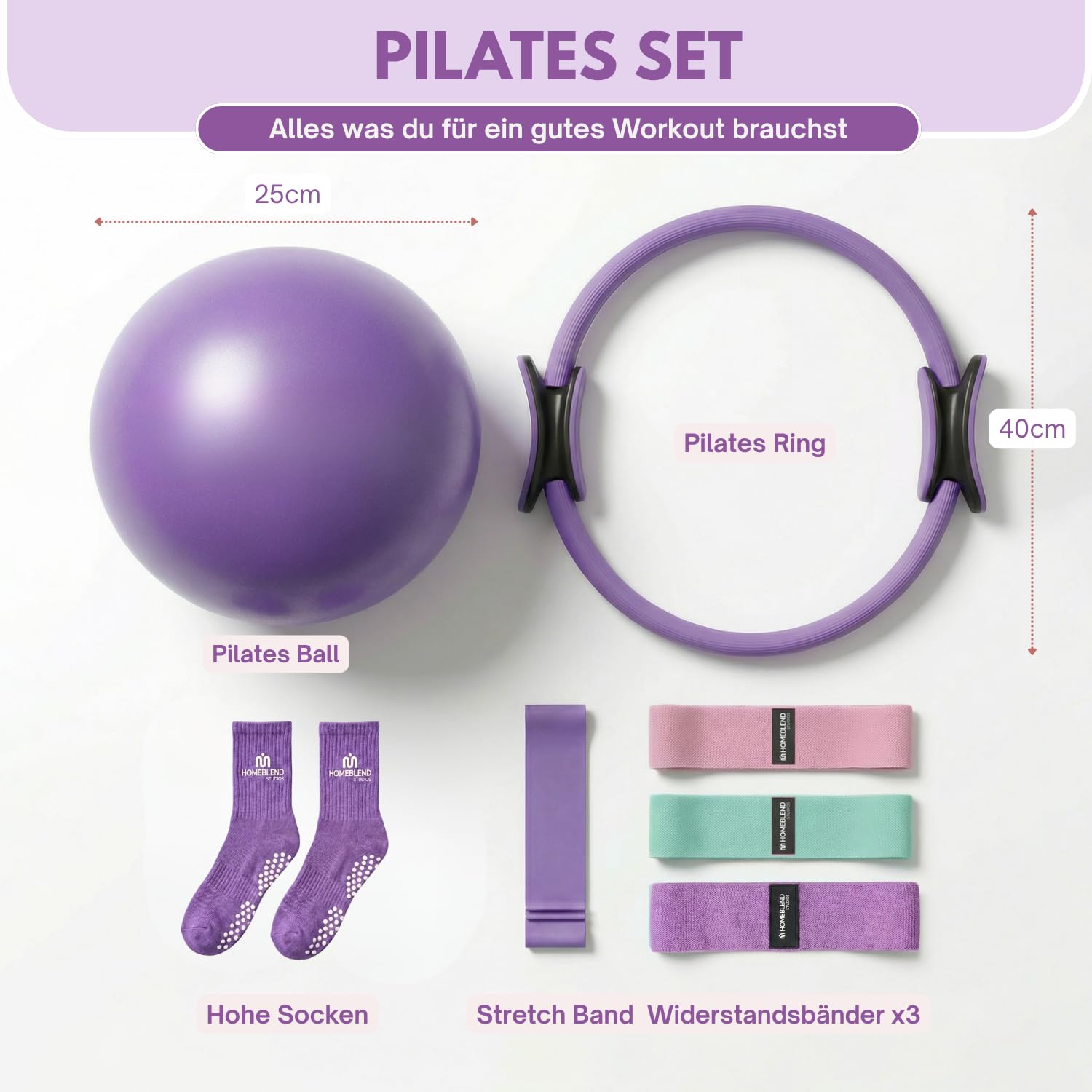 Homeblend 9-teiliges Pilates-Set – Pink – Gewichte, Widerstandsbänder, Socken, Ball & Ring – Fitness-Set für das Heimtraining – Hand- und Fußgelenkgewichte | Ring, Ball & Bänder, Knöchelgewichte & Rutschfeste Socken