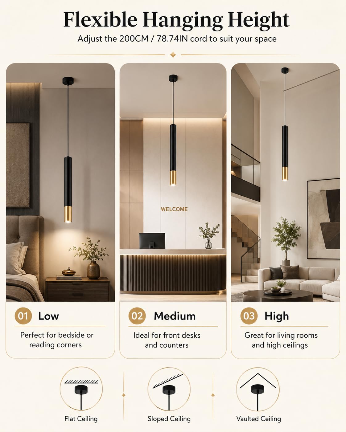 Lámpara colgante for isla de cocina, 2 paquetes lámpara techo cilíndrica 19,69 pulgadas, noche for dormitorio con iluminación 5W 4000K, barra tubo largo, cable UL, luz empotrable ajustable