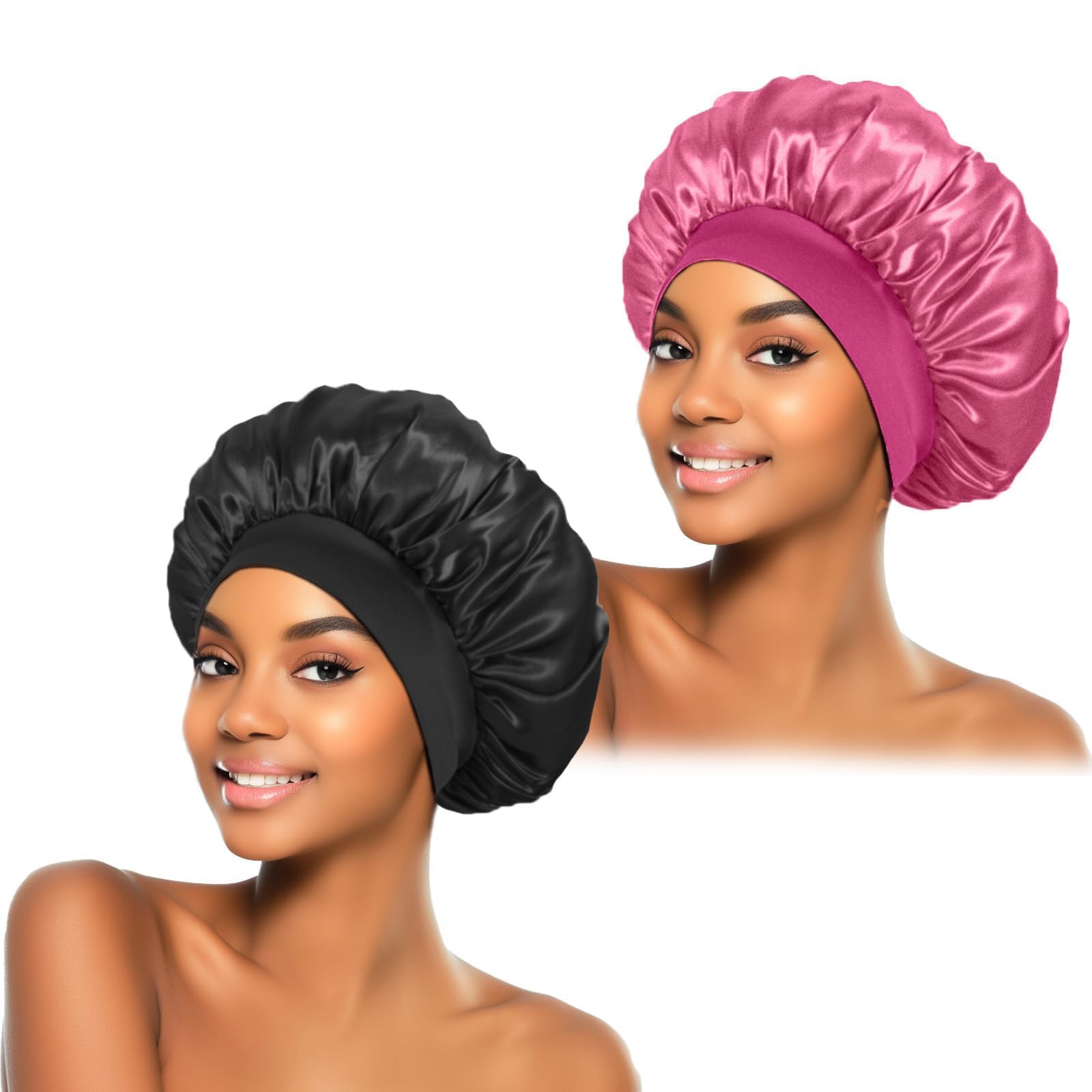 2Pcs Silk Bonnet for Sleeping, Satin Hair Bonnets, Soft Elastic Band Silk Sleep Cap, Hair Wrap for Women(Black Rose)