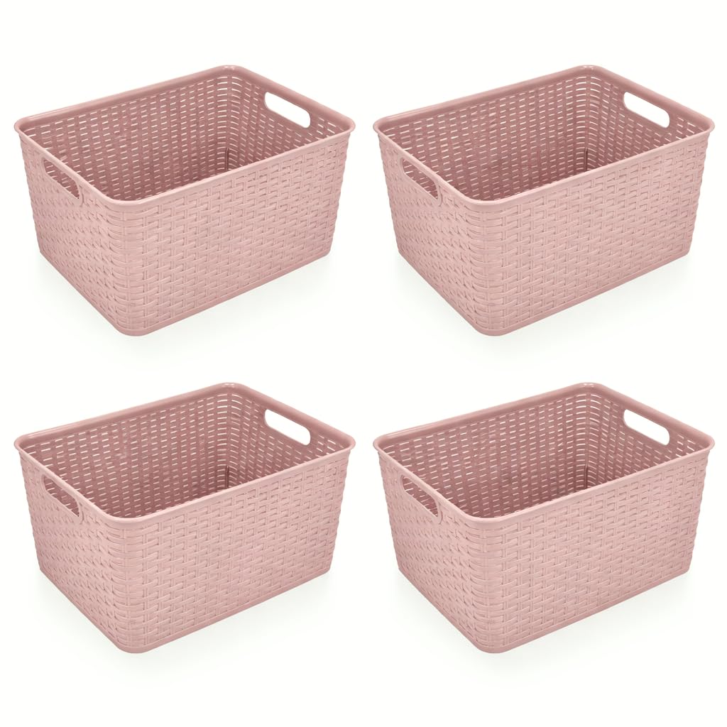Boîte de rangement 18L en plastique rose, bac organisateur avec poignées ergonomiques