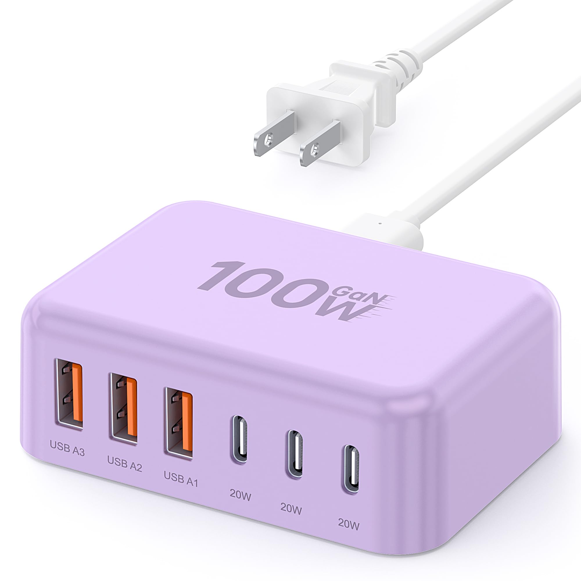 USB Fast Charger Block 50% Smaller 100W Max 6-Port GaN USB Charging Station