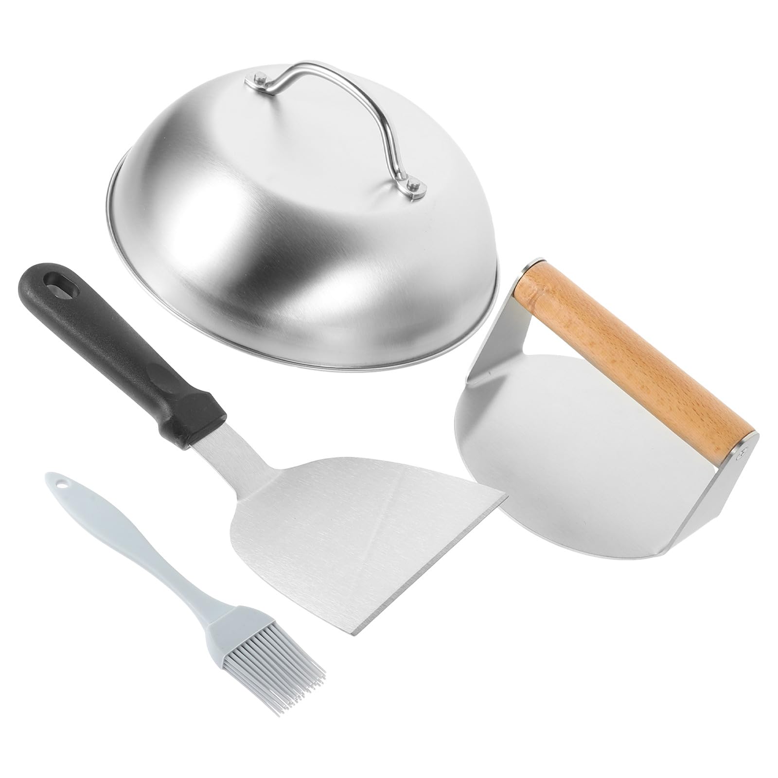 SOLUSTRE Edelstahl Burgerpresse mit Griff, 1 Satz für Grill und Küche | Stabile Ausführung mit Holz und Silikon, Bbq Zubehör für Kochen, Praktisches Werkzeug im 4 Stück