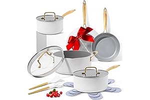 Gorgeous White & Gold Kitchenware: 15-Piece Pots & Pans Set Adds Elegance & Durability