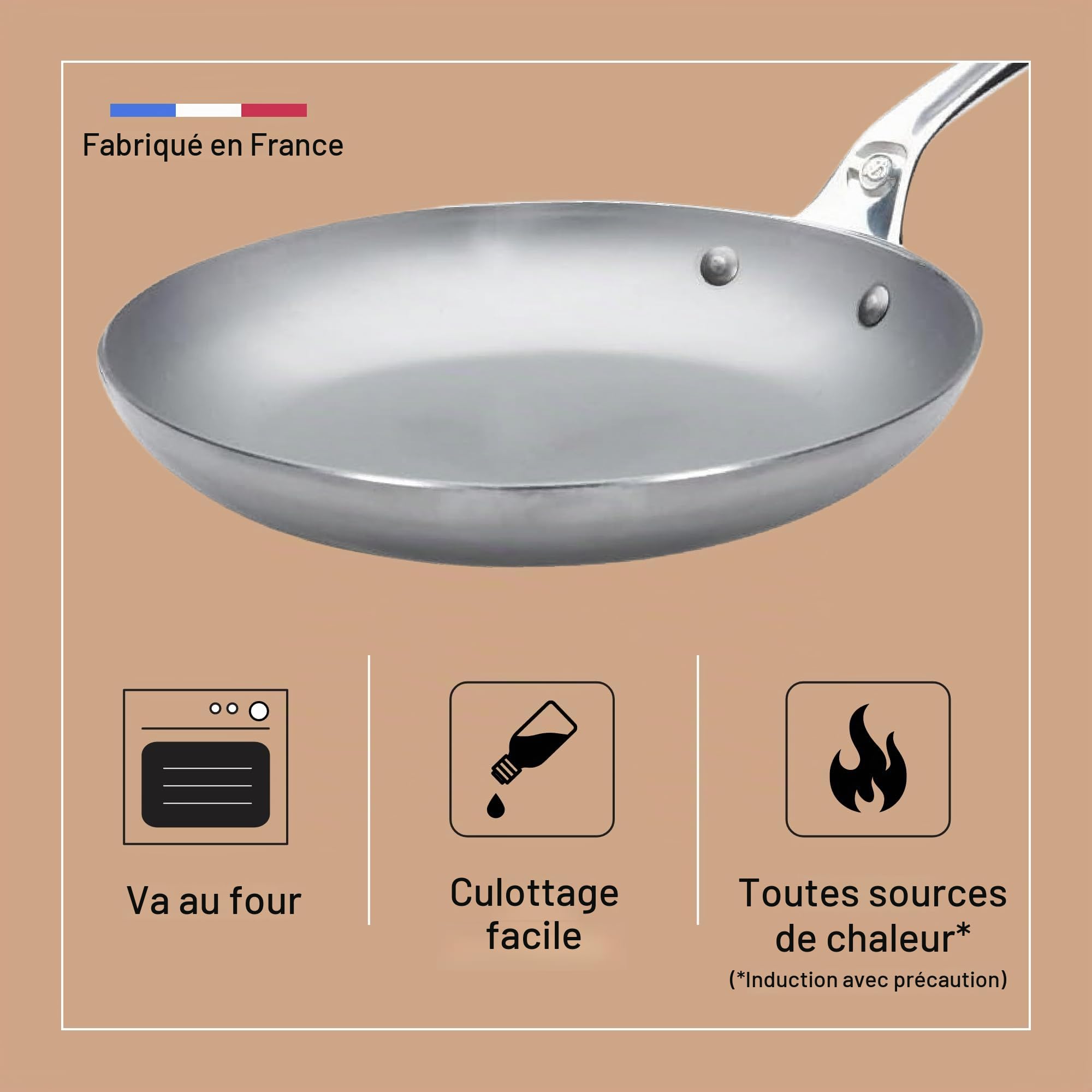 De Buyer Mineral B Pro Poêle à omelette Acier Carbone Ø 28 cm Naturellement Antiadhésive Fabrication Française