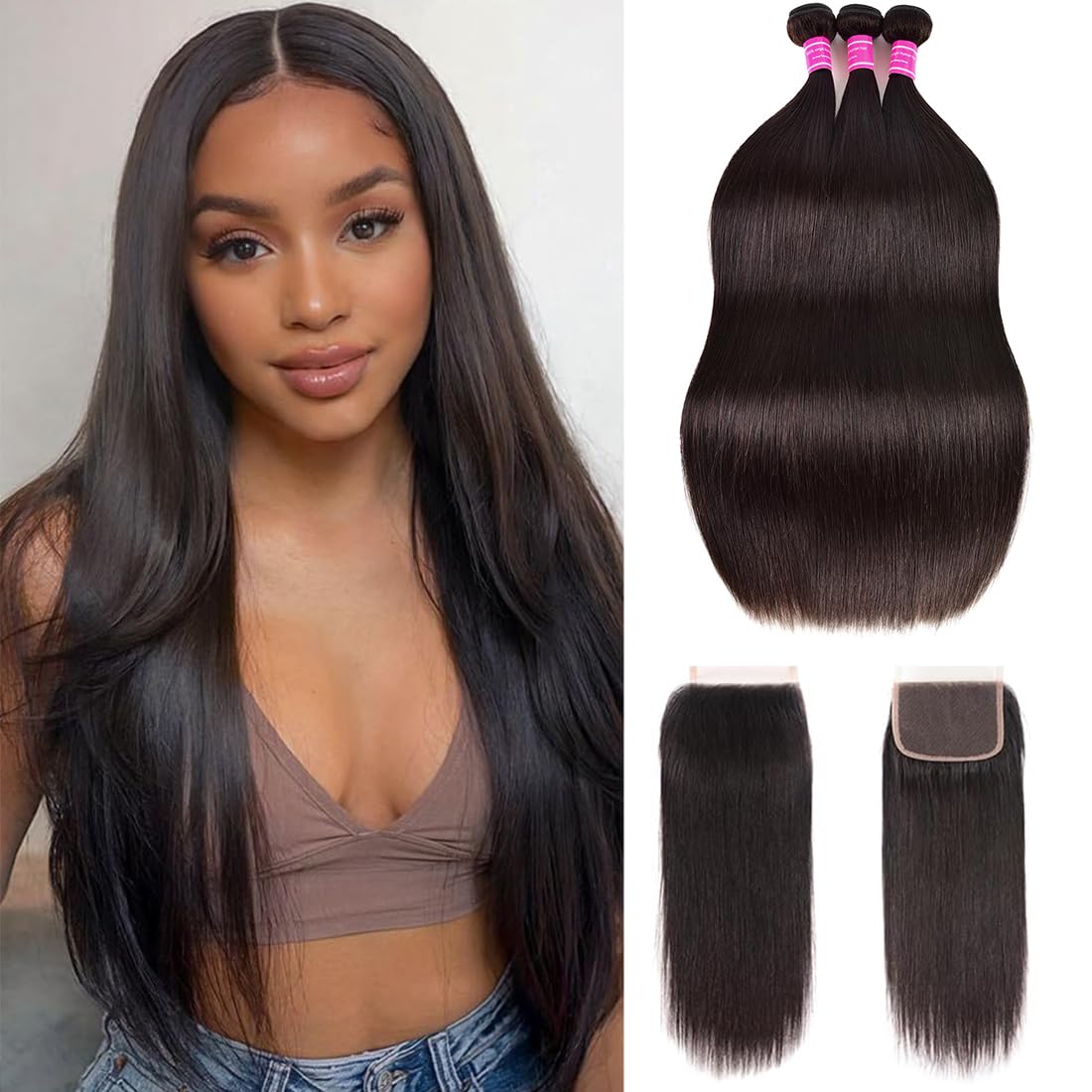 Straight Bundles Human Hair 22 24 26 28 Inch 4 Bundles Straight Hair 12A Double Weft 200% Density Hair Extensions for Women 100% Unprocessed Virgin Human Hair Weave Natural Color Black