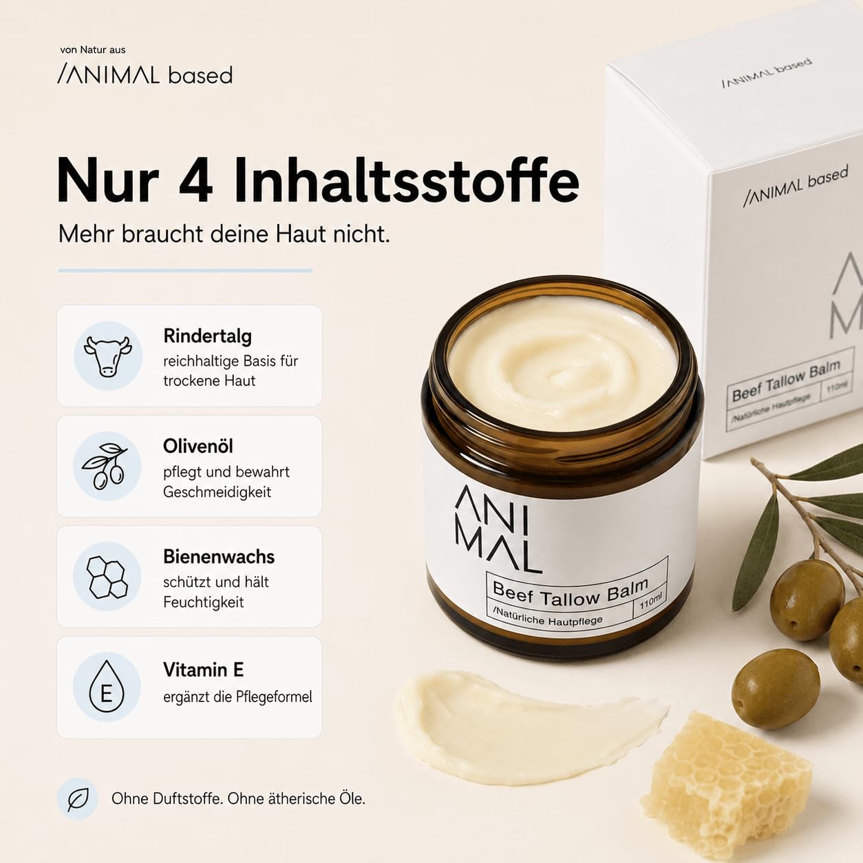 Animal Based Beef Tallow Balm 110ml - Rindertalg Gesichtscreme - Natürliche Hautpflege mit Rinderfett, Olivenöl, Bienenwachs & Vitamin E - Beef Tallow Creme - Beef Tallow Skincare - halal