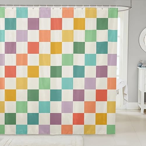 Feelyou Cortina de ducha retro a cuadros multicolor para niños y niñas, geométrica vintage, accesorios impermeables con 12 ganchos de 72 x 78