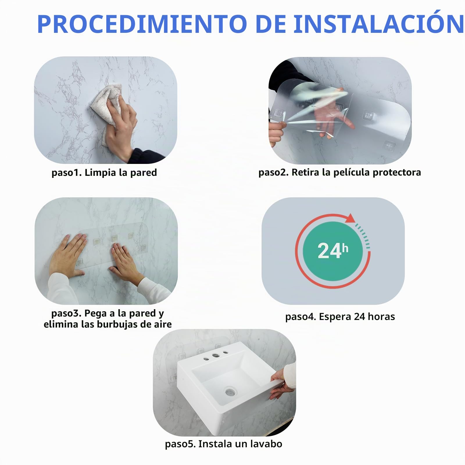 Fregadero de baño pequeño para montaje en pared, instalación sin taladro, fregadero autoadhesivo de 15.74 x 7.87 pulgadas con agujero de grifo de 1.26 pulgadas, mini fregadero de plástico para el