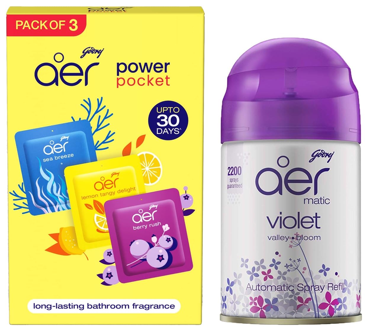 Matic Refill - Automatic Room Fresheners | Violet Valley Bloom | 2200 Sprays Guaranteed (225ml) & Godrej Aer Power Pocket| Assorted Pack of 3 (30g)