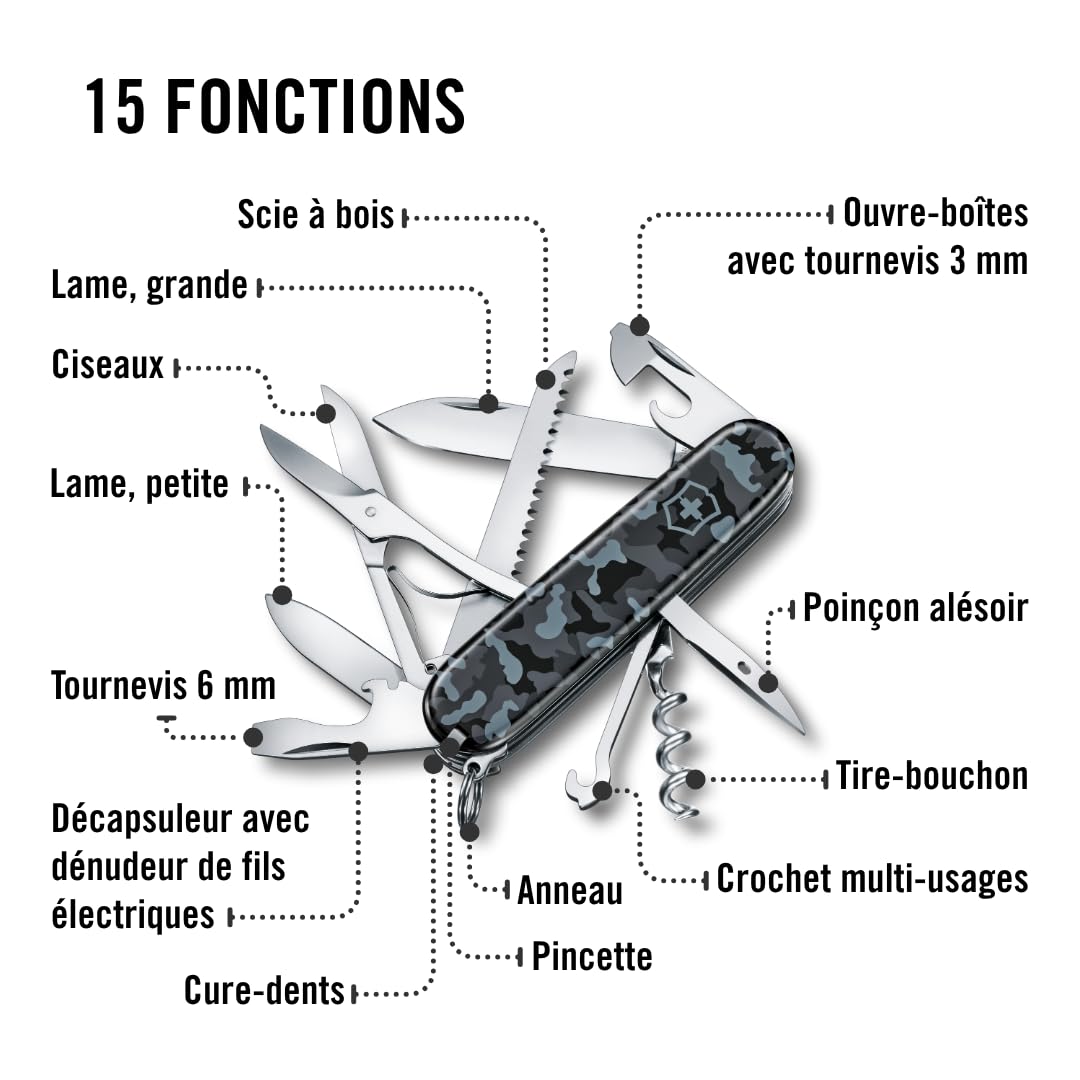 Victorinox Huntsman, Swiss Army Knife, Couteau de Poche Suisse, Léger, Multitool, 15 Fonctions, Grand Lame, Tire Bouchon, Ouvre Boite, Navy Camouflage