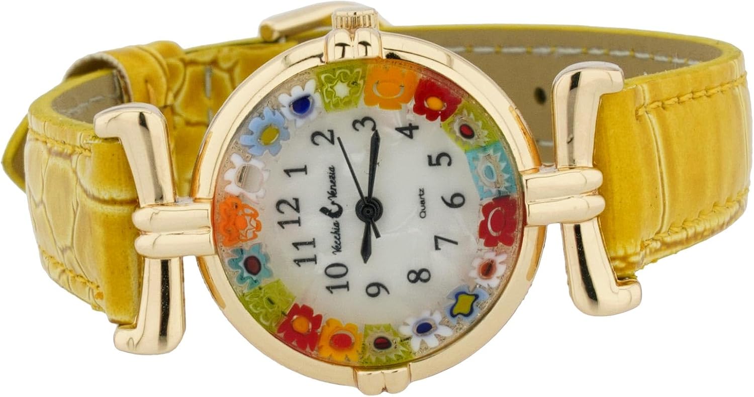 Glass Of Venice Murano Glass Millefiori Watch Round Multicolor Gold-Tone - 1" Face with Mustard Yellow Band for Women - Handmade in Italy