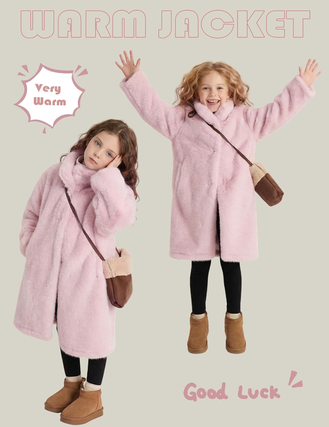 Girls Faux Fur Coat Long Sleeve Winter Fleece Fluffy Jacket Stand Collar Casual Trendy Warm Outerwear with Pockets - Image 2