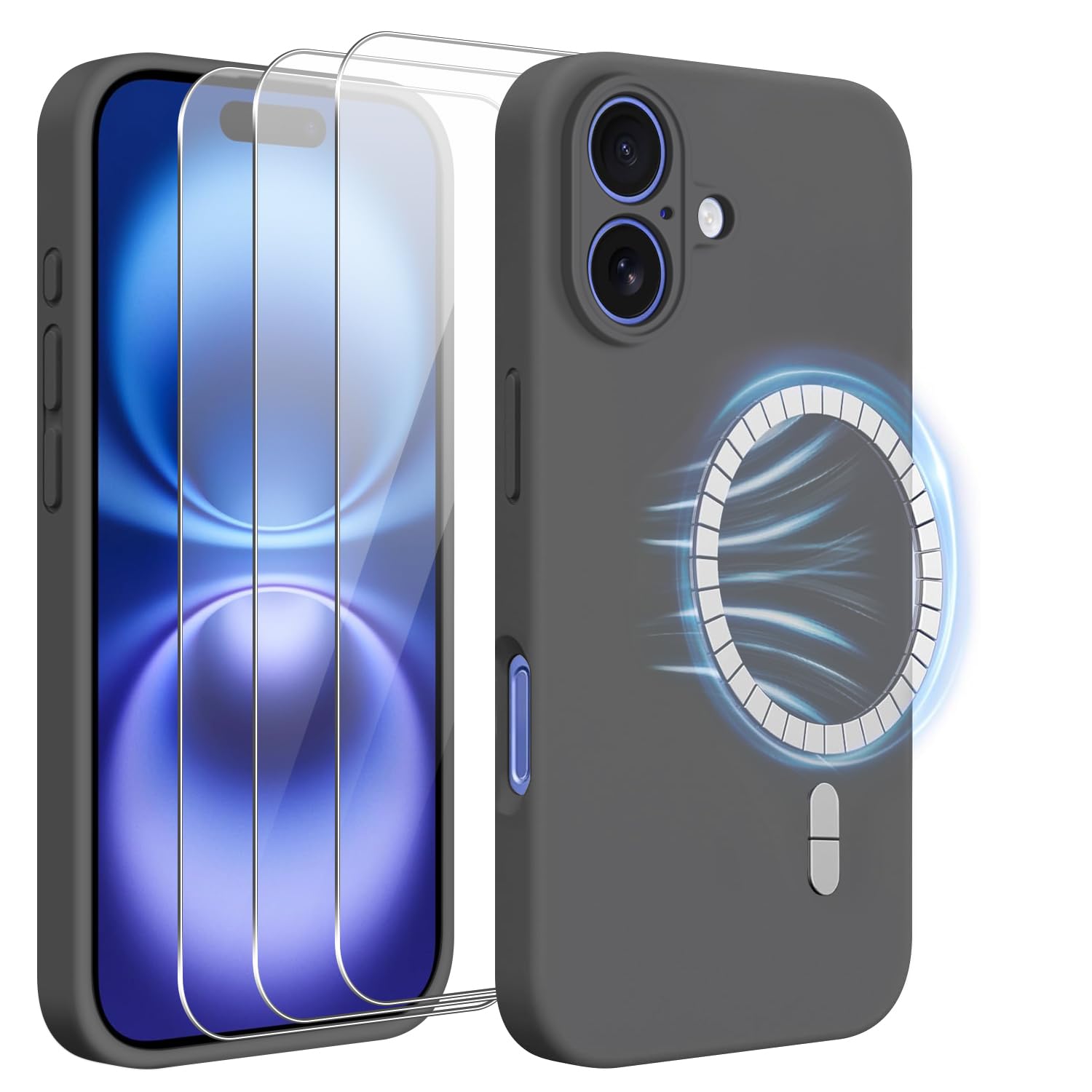 jrester Magnetic Cover per iPhone 16 con 3 Vetro Temperato Pellicola Protettiva, Grigio Morbido Silicone Protettiva Custodia per iPhone 16