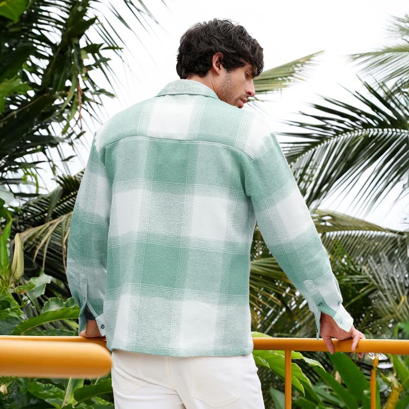Image of CAHOOT Men Shirt | Spread Collar, Long Single-Button Cuff Sleeves | Button, Straight Hem | Plaid Twill | Woven Fabric for Casual Light Pistachio:Cream White