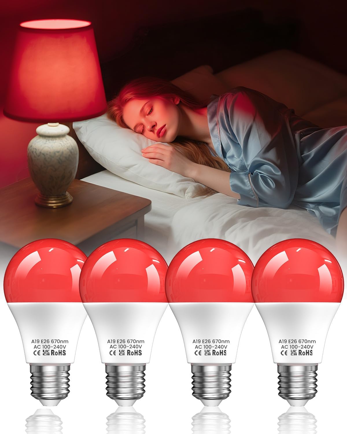 Lustaled 7W 670nm Red Light Bulb for Sleep, 100% Blue Light Blocking Red Night Light Bulbs for Melatonin Promote, A19 E26 50W Equivalent LED Red Bulb for Bedroom Lamp, Baby Nursery, Reading, 2-Pack