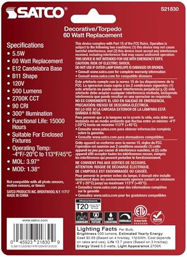 Miniatura 3 de Satco 3012438 B11 E12 - Bombilla LED de filamento blanco cálido equivalente a 60 W, paquete de 2 unidades