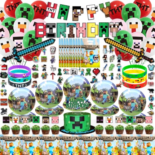 Pixel Style Theme Birthday Party Supplies for Boys, 139Pcs Pixel Game Theme Crafting Decorations for Birthday Include Party Banner, Balloons, Plates, Cake Cupcake Topper, Christmas Tablecloth, Gift Bag, Stickers, Birthday Party Cake Table Decor Birth