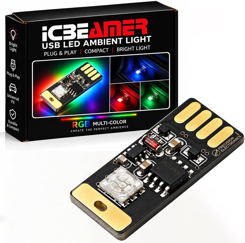 ICBEAMER USB RGB Multi-Color LED Night Light 1-Pack | Control by Music or 1 Touch Color Change, Plug-in Miniature/Nano Car Interior Center Console Ambient Lighting