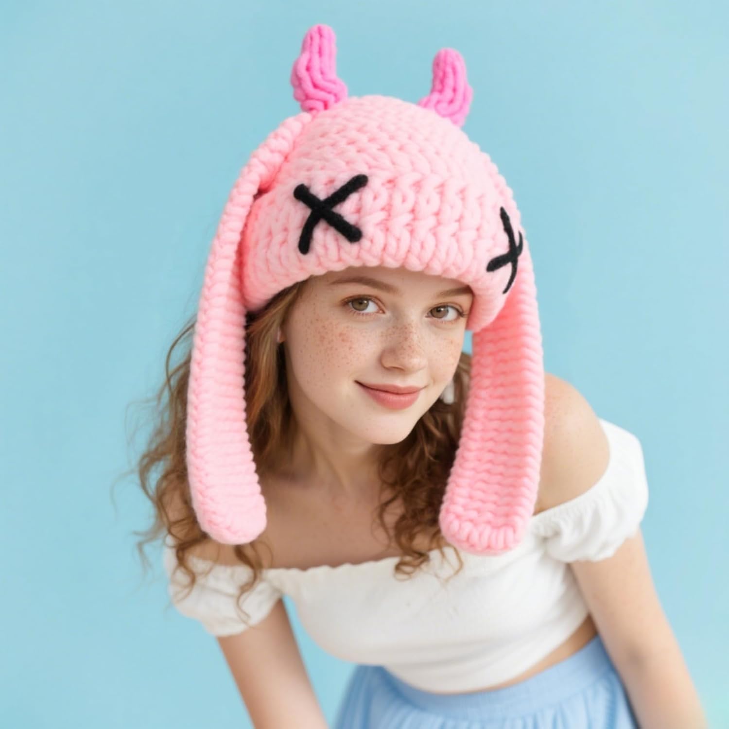 Knit Beanie Hats Cute Bunny Long Ears Funny Hat Winter Cap Warm Knit Rabbit Crochet Skull Cap Outdoor Slouchy Hat ski hat - Image 7