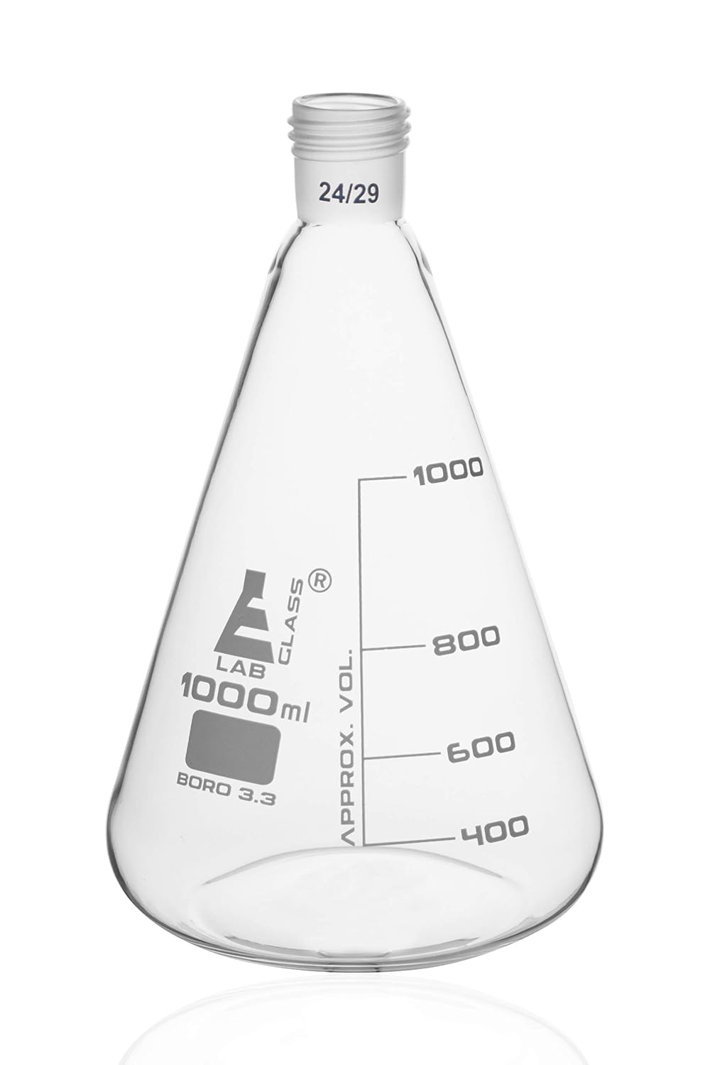EISCO Erlenmeyer Flask with 24/29 Joint, 1000ml - 200ml White Graduations Interchangeable Screw Thread Joint Borosilicate Glass- Eisco Labs