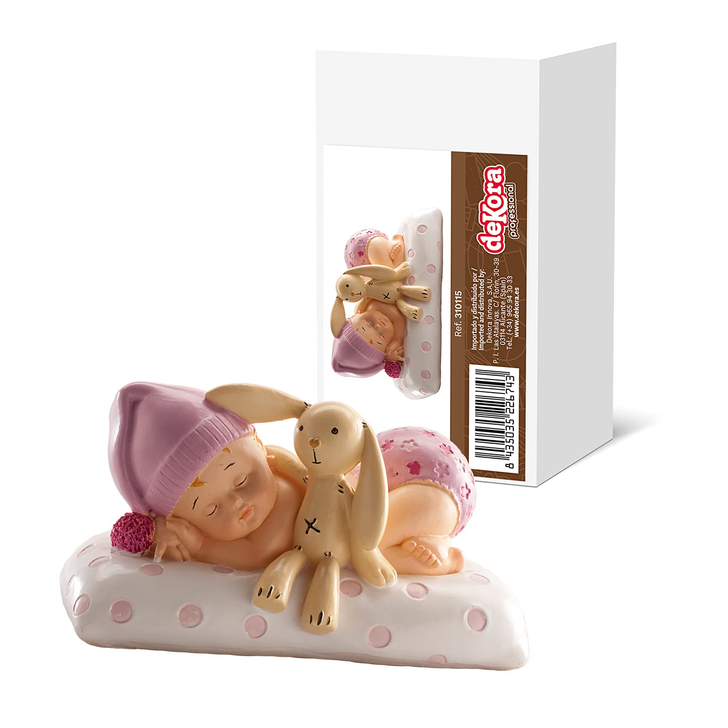 dekora – Décoration Baptême Fille, Figurine en résine, Bébé avec Peluche, 10 cm de Hauteur, Décoration Gâteau Baptême, Design Original et Détaillé, Cake topper Apte au Contact Alimentaire