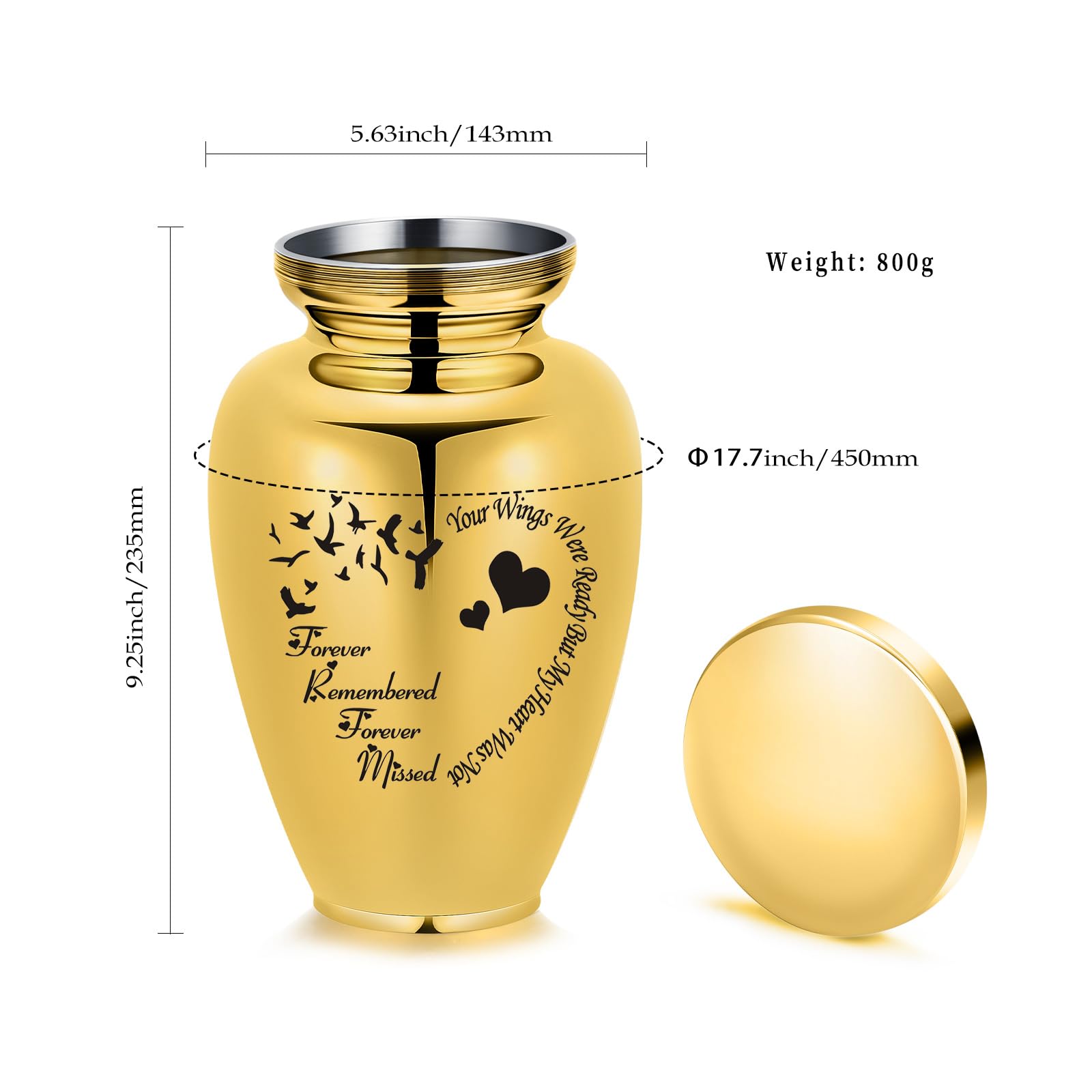 Cremation Urns for Dogs Cats Ash Holder Large Urns for Human Ashes Memorial Urn for Adults Male Female Keepsake Funeral Urn (Gold-heart&bird) - Image 2