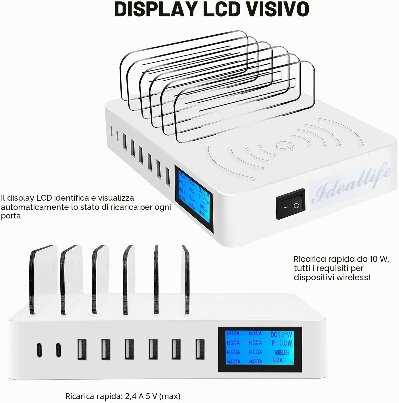 Stazione di ricarica per più dispositivi, Stazione di Ricarica USB a 8 Porte Caricatore USB, base ricarica wireless, compatibile con i Phone, i Pad, tablet