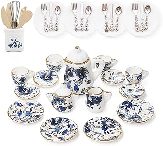 Odoria 1/12 Miniature Porcelain Tea Set Plates and Silverware Kitchen Utensils Dollhouse Accessories, Blue