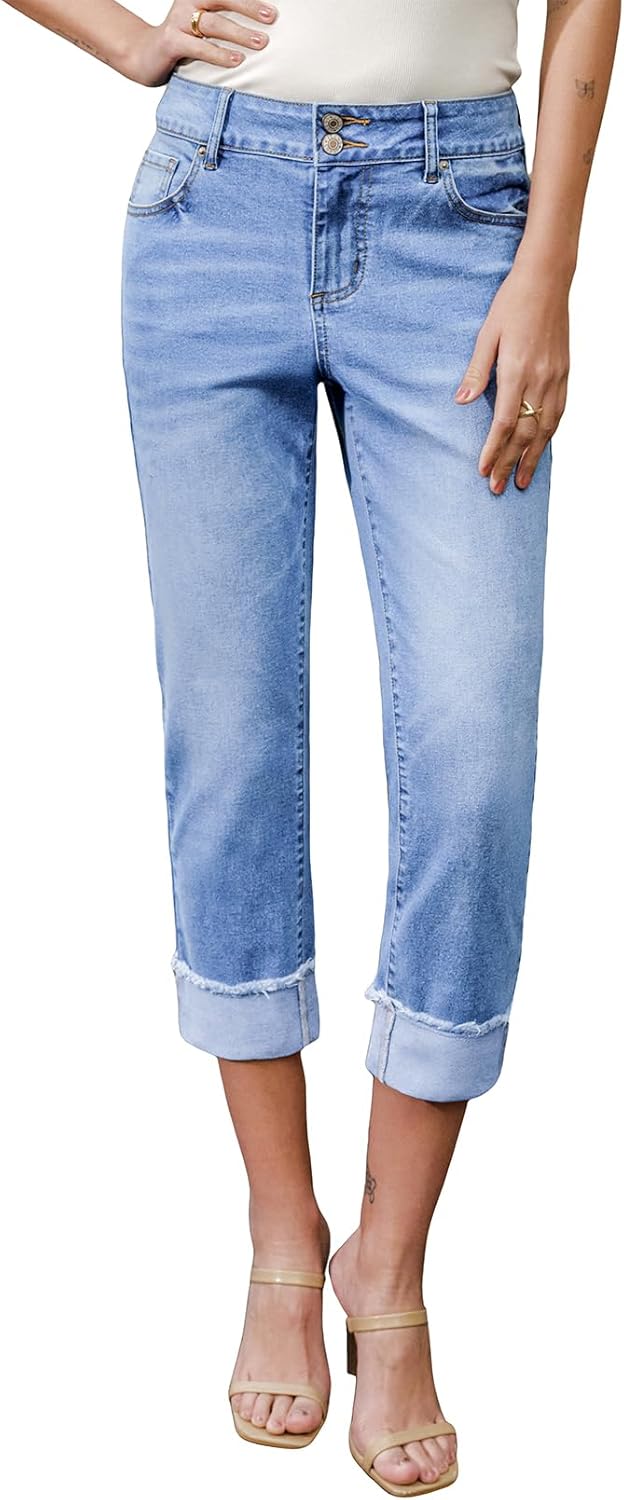 Sidefeel Women's Capri Jeans High Waisted Stretchy Roll-up Skinny Cuffed Cropped Zimbaplatinum Summer Capri Pants