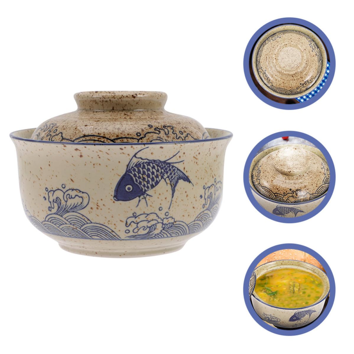 Tazón de Ramen Japonés con Tapa de Cerámica, Diseño Simple y Superficie Lisa, Fácil de Limpiar, Adecuado para Servir Sopa y Fideos en Casa