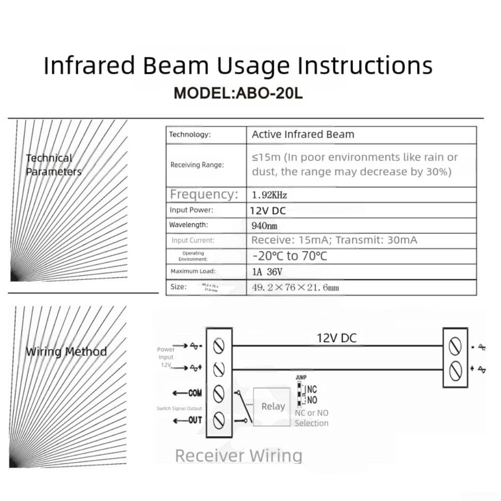 Abo-20L - Barrera de luz infrarroja (alcance de 20 m, DC12-24 V, resistente a la intemperie, conmutación AGC para puerta de garaje, sensor de seguridad, color negro)