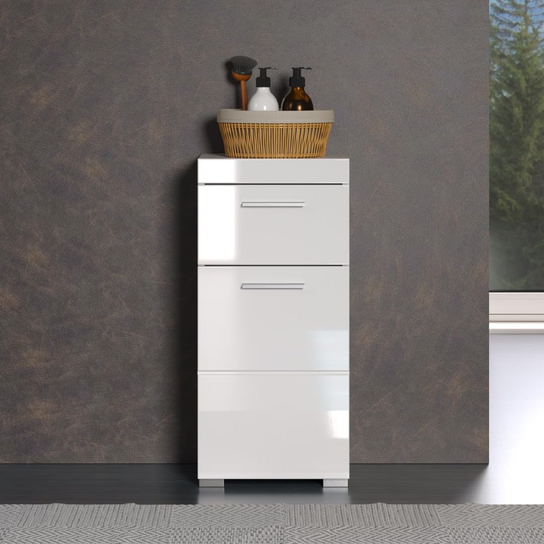 trendteam smart living - Amanda - Kommode - Weiß Hochglanz - Standschrank - (BxHxT) 37 x 79 x 31 cm - Badschrank mit 1 Tür und 1 Schublade - silberfarbene Griffe - universal einsetzbar - Kratzfest