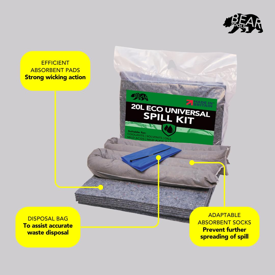 BearTOOLS Kit de control de derrames ecológico de 20 litros | Respetuoso con el medio ambiente | 85% de fibras naturales recicladas | Reduce la huella de carbono | Solución absorbente sostenible |