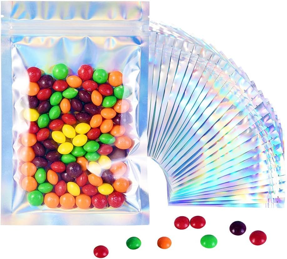 Wilvcsr 100 PCS Mylar Bags, Resealable Stand Up Pouch Foil Holographic Bags, Smell Proof Baggies Sample Bags for Spice, Food, Flour, Sweets Packaging, Heat Seal Bags (Holographic, 12 * 20CM)